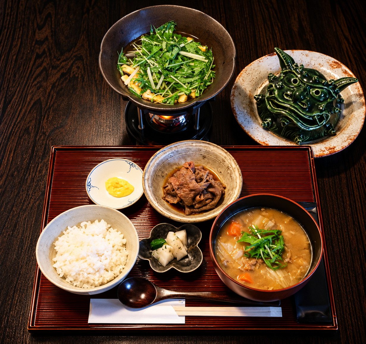 肉御膳。石垣牛の照り焼き、京野菜の小鍋、牛汁、ご飯、浅漬け